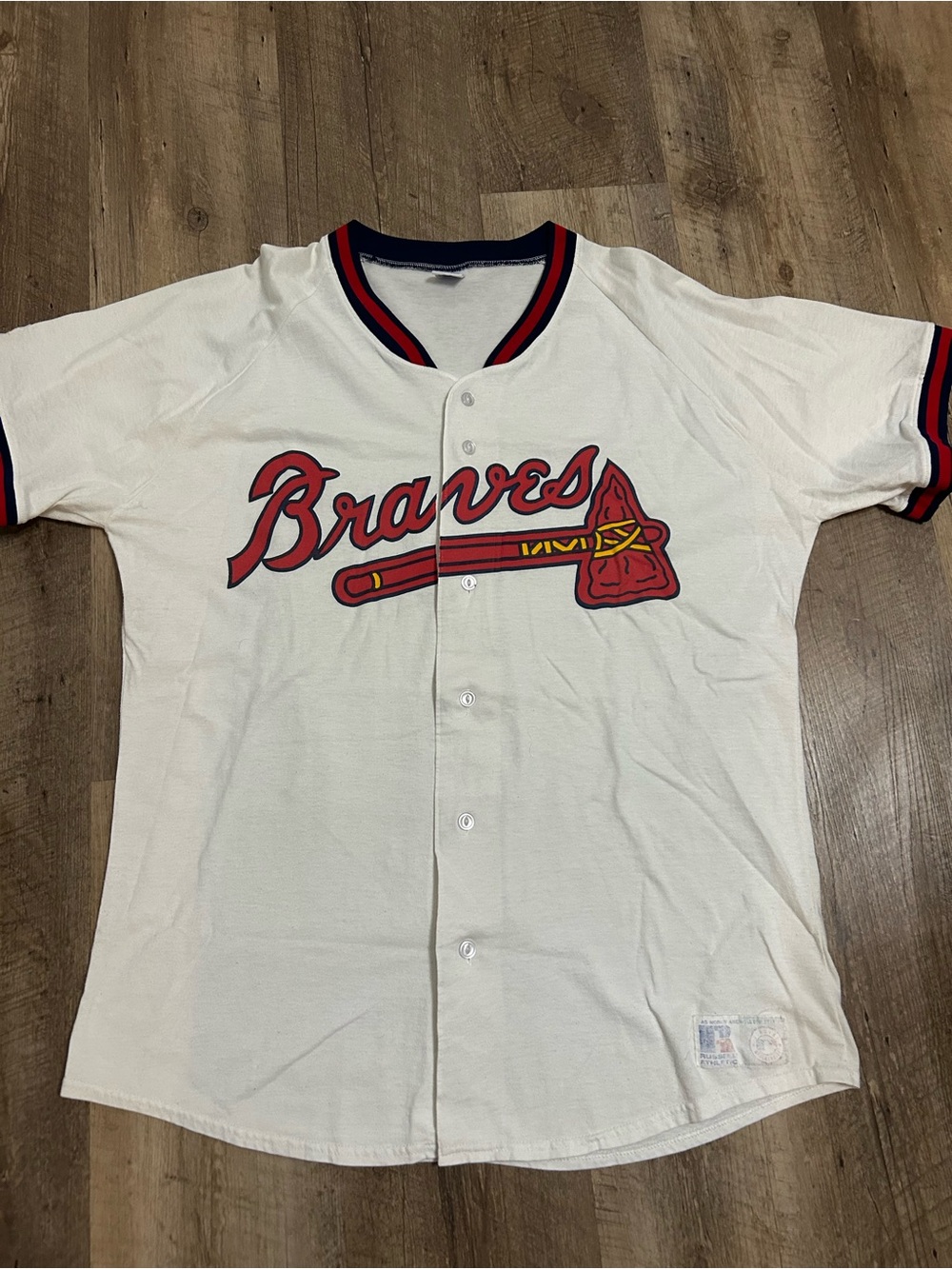 Braves White Baseball Jersey with Red & Navy Logo Vintage Russell Jersey